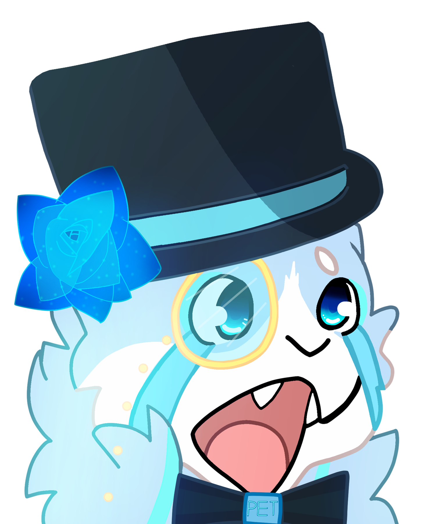 Aster, a blue cat wearing a top hat and monocle